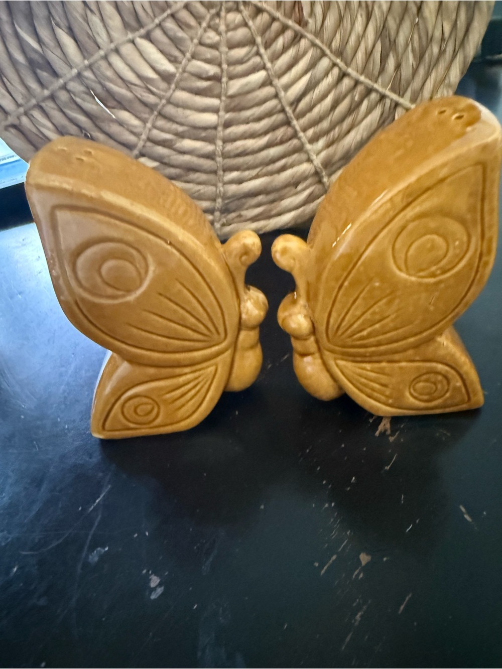 Vintage Mustard Yellow Butterfly 1970 ceramic S/P Shakers